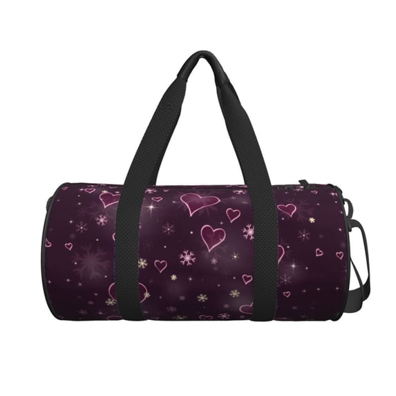 Xecao Snowflakes and Hearts print Round Travel Duffel Bag is a foldable gym bag with an inner pocket, perfect for travel sports