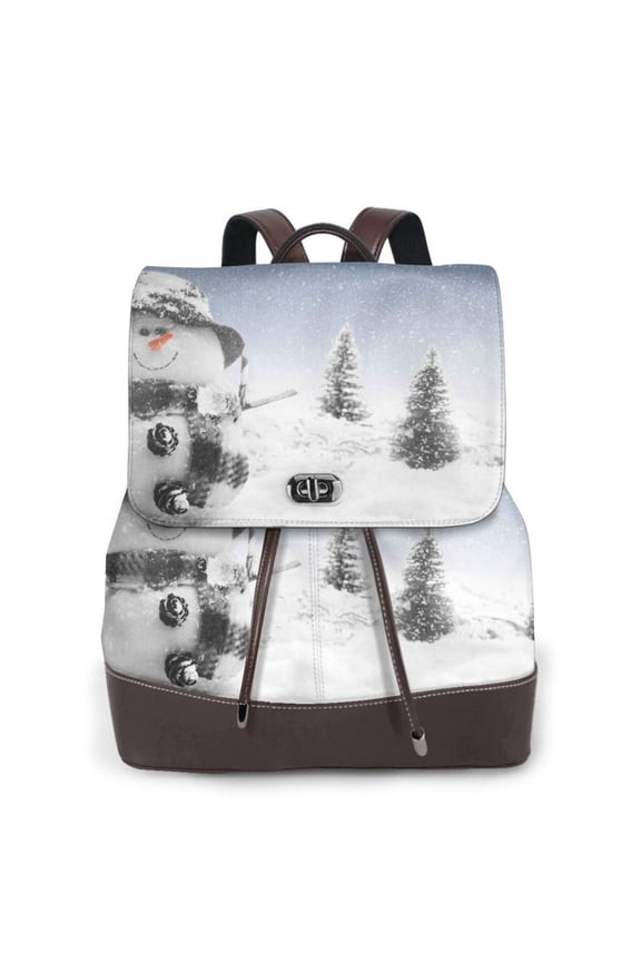 Snowman And Christmas Tree Print Large Backpack Soft Leather for Women Travel with Compartment, Adjustable Convertible Strap