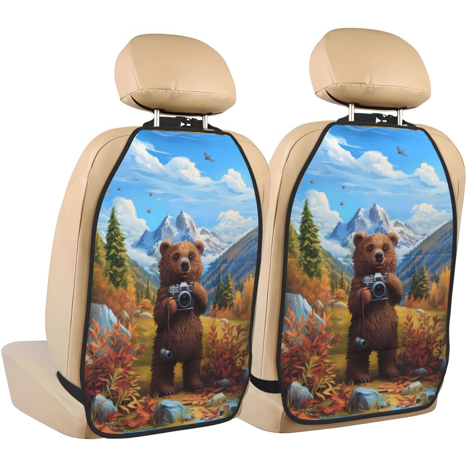 Xecao Snowy Mountain Photography Bear Pattern Car Seat Back Protector 2 Pack Large Capacity Pocket, Kick Mats Back Seat Protector