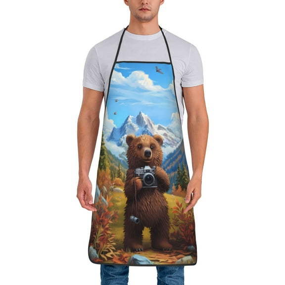 Xecao Snowy Mountain Photography Bear Print Funny BBQ Chef Aprons for Men Women,Adjustable Kitchen Cooking Aprons with Pocket Waterproof Oil Proof No Pilling Fading