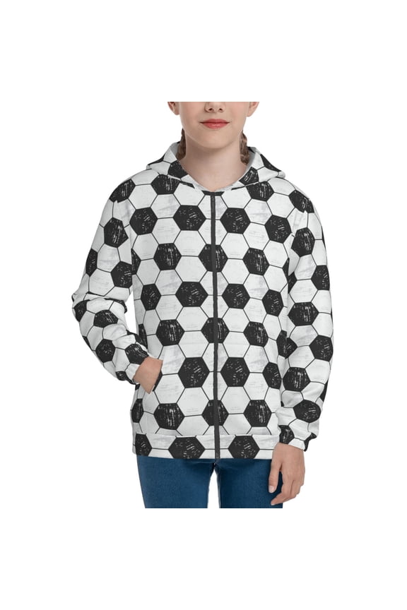 Soccer Pattern Zip Up Hoodies for Boys Girls, Sweatshirt with Pockets-Medium