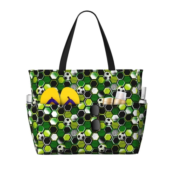 Xecao Soccer1 for versatile beach bag for women includes zipper pockets and waterproof material, ideal for vacations and adventures.