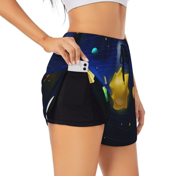 Xecao Solar System for Double-layer Running Short for Women, Perfect for Gym, Tennis, and More, Featuring a Convenient Pocket-