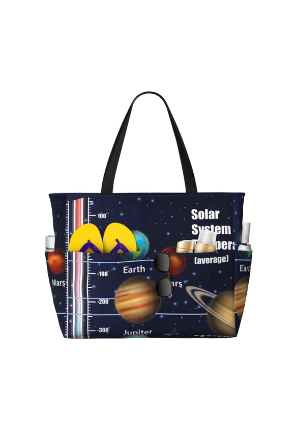 Solar System for versatile beach bag for women includes zipper pockets and waterproof material, ideal for vacations and adventures.