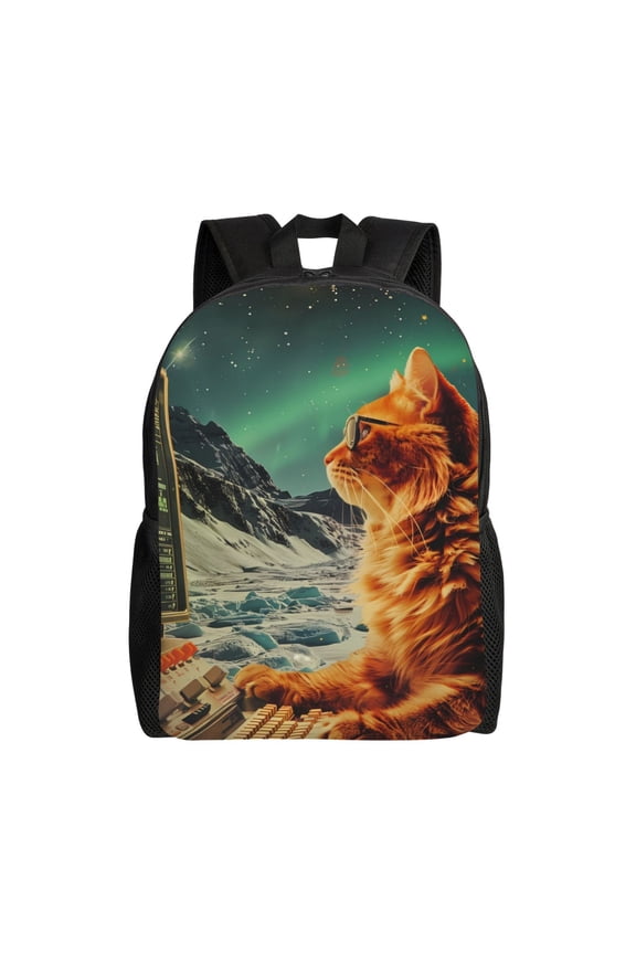 Space Adventurer Cat Print School Backpack with Laptop Compartment Small Travel Laptop Backpack for Women Men Waterproof College Backpack Simple School Bag