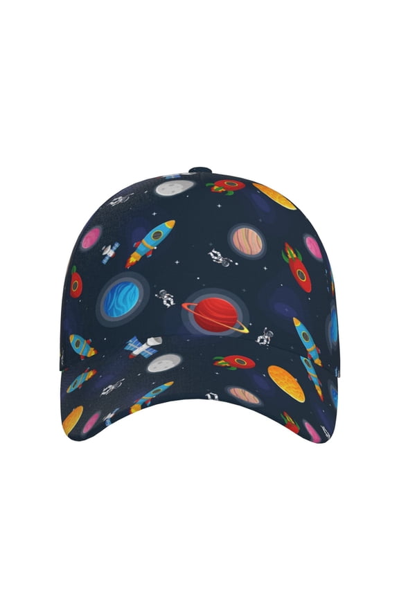 Space Cartoon for Baseball Cap: Unisex, crafted from classic polyester twill fabric, featuring a soft unconstructed design