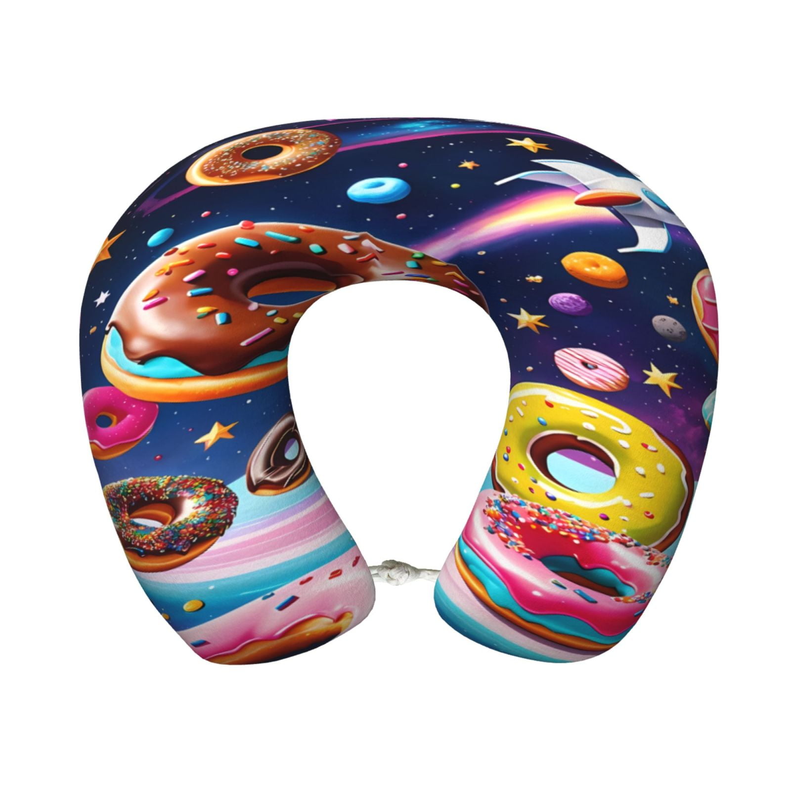 Xecao Space Colorful Donut Print Memory Foam Cervical Neck Pillow Versatile U-Shaped Pillows for Home,Office,Camping,Travelling,Soft Washable Cover