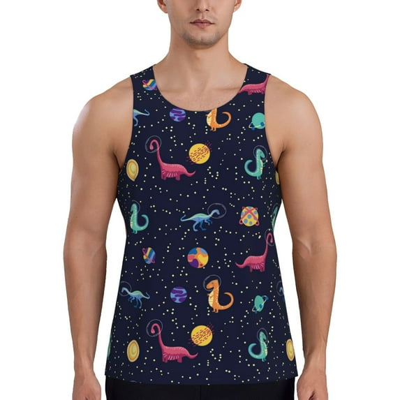 Xecao Space Dinosaur Men's Tank Top Workout Quick Dry Sleeveless Gym Jogging Muscle Shirts Summer Swim Beach Tops