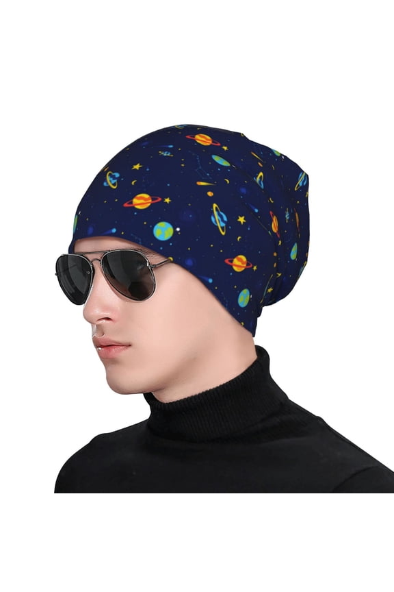 Space Galaxy Print Beanie Knitted Hat for Men Women, Winter Fashion Knit Cuffed Caps Unisex