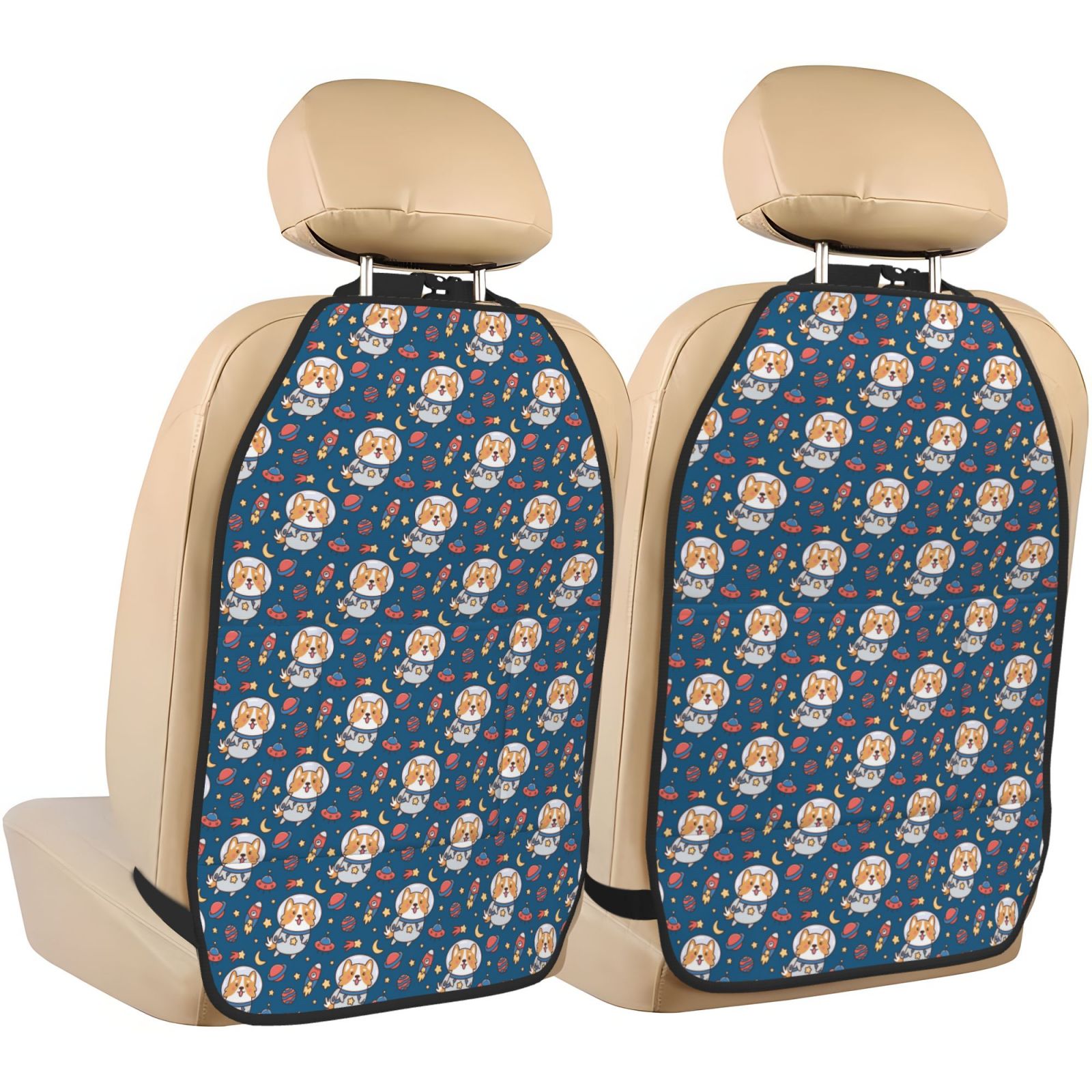 Xecao Space Puppy Pattern Car Seat Back Protector 2 Pack Large Capacity Pocket, Kick Mats Back Seat Protector