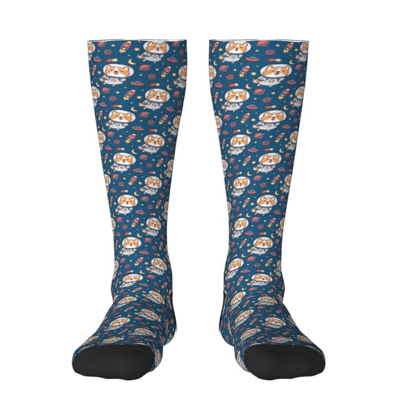 Xecao Space Puppy print thigh-high socks, crafted for both men and women with a stretchy, high-opaque design perfect for daily wear