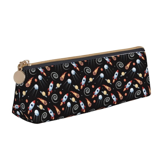 Xecao Space Rocket Print Leather Pencil Case -Stationery Bag Pen Holder for Work & Office