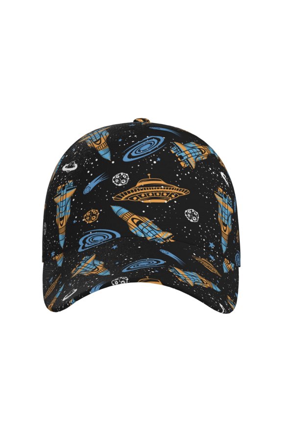 Space Rocket for Baseball Cap: Unisex, crafted from classic polyester twill fabric, featuring a soft unconstructed design