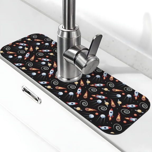 Xecao Space Rocket for Kitchen Sink Splash Guard Faucet Mat , Faucet Guard & Draining mat, (15" X 5.5" )