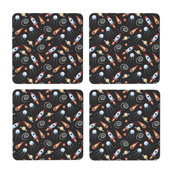 Xecao Space Rocket for MDF Cork Coaster 4 Pcs,Drink Coasters,Suit for House Warming Gifts New Home ,Coffee Table Decor-Square