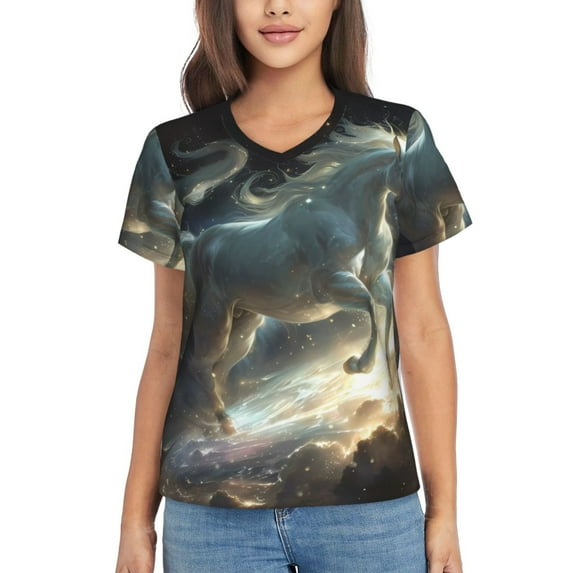 Xecao Space White Horse for Women's V-Neck T-Shirts-Elegant Half-Sleeve Tops Perfect for Summer-3X-Large