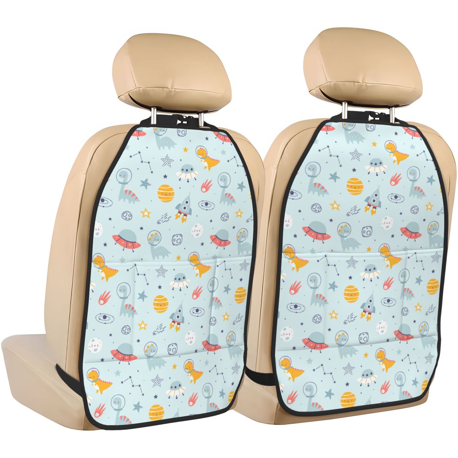Xecao Space With Dino Astronauts Pattern Car Seat Back Protector 2 Pack Large Capacity Pocket, Kick Mats Back Seat Protector