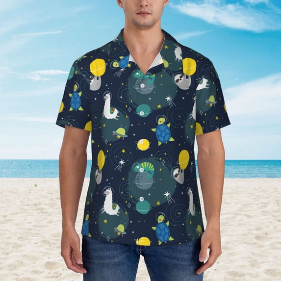 Xecao Space and Animals print Hawaiian shirt - a stylish short-sleeve button-down for men, perfect for casual beach and tropical outings.