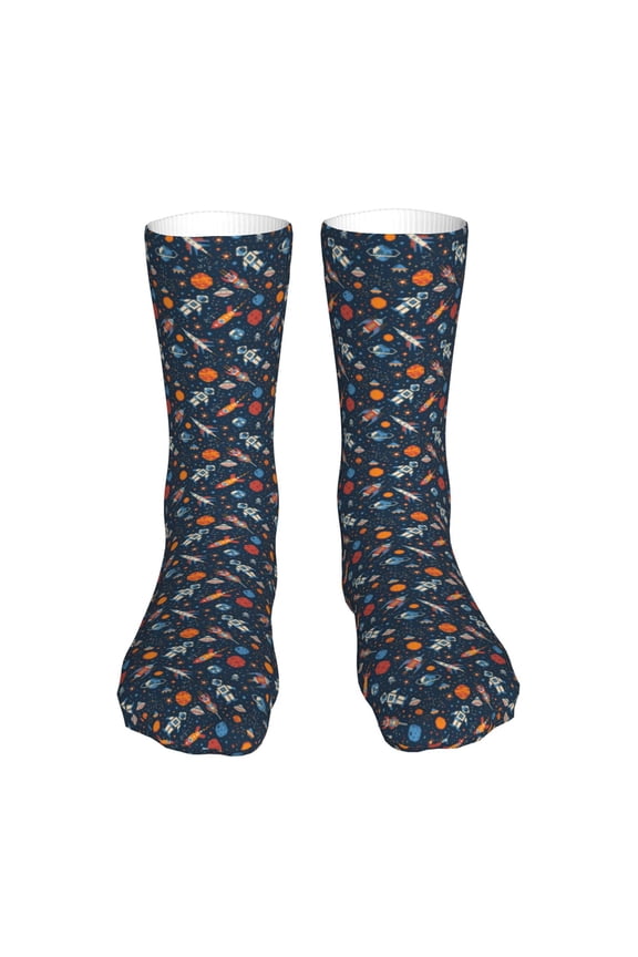 Spaceships And Stars In Outer Space Print Fashion No Heel Casual Crew Socks Cushioned Breathable for Men Women - Moisture wicking,Not easy to fade Suitable for daily