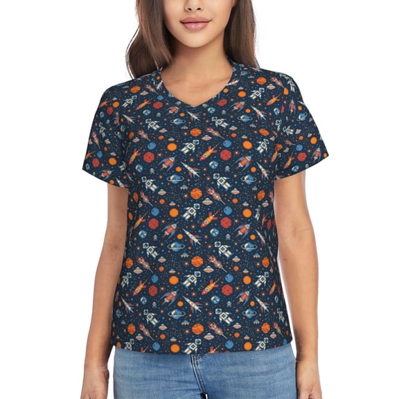 Xecao Spaceships And Stars In Outer Space for Women's V-Neck T-Shirts-Elegant Half-Sleeve Tops Perfect for Summer-3X-Large