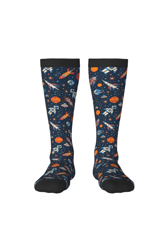 Spaceships And Stars In Outer Space print thigh-high socks, crafted for both men and women with a stretchy, high-opaque design perfect for daily wear