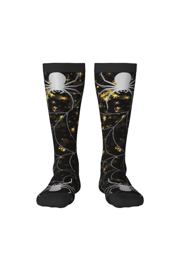 Spiderweb Bats And A Spider print thigh-high socks, crafted for both men and women with a stretchy, high-opaque design perfect for daily wear