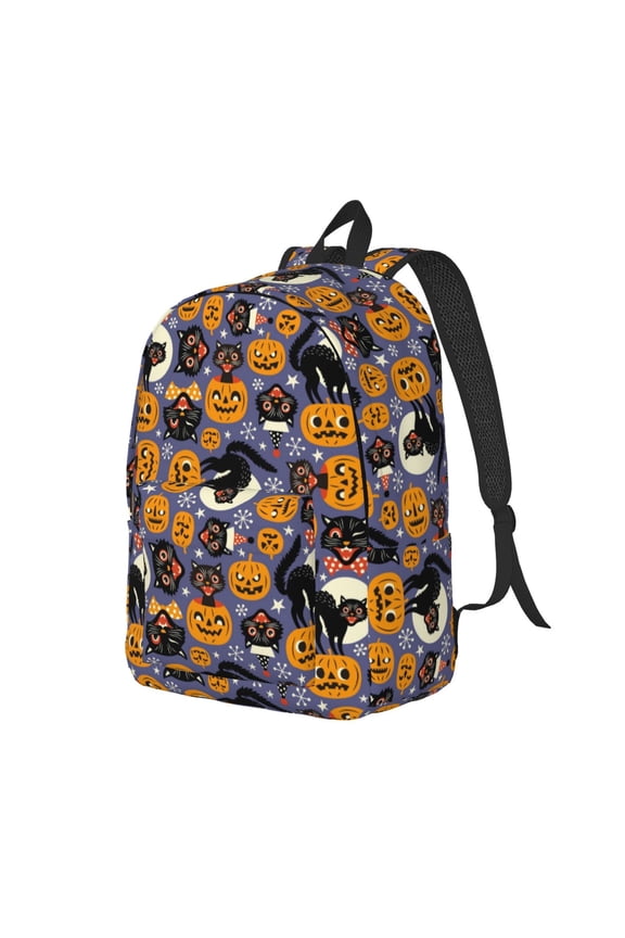 Spooky Cats And Halloween Pumpkins Canvas College Laptop Backpack, a durable rucksack designed for both men and women, ideal for travel, school, and daily use-Small