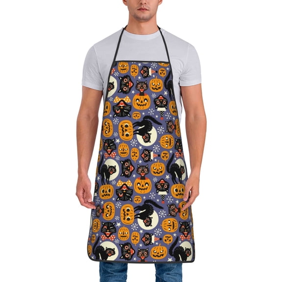 Xecao Spooky Cats And Halloween Pumpkins Print Funny BBQ Chef Aprons for Men Women,Adjustable Kitchen Cooking Aprons with Pocket Waterproof Oil Proof No Pilling Fading