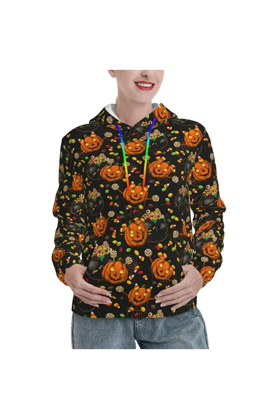 Spooky Sweets Pattern Hoodies for Women Sweatshirts Long Sleeve Sweatshirts Pullover Outfits with Pocket-X-Large