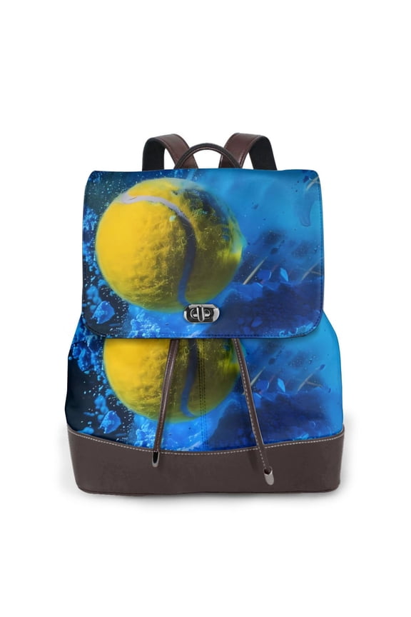 Sports Tennis Ball Print Large Backpack Soft Leather for Women Travel with Compartment, Adjustable Convertible Strap