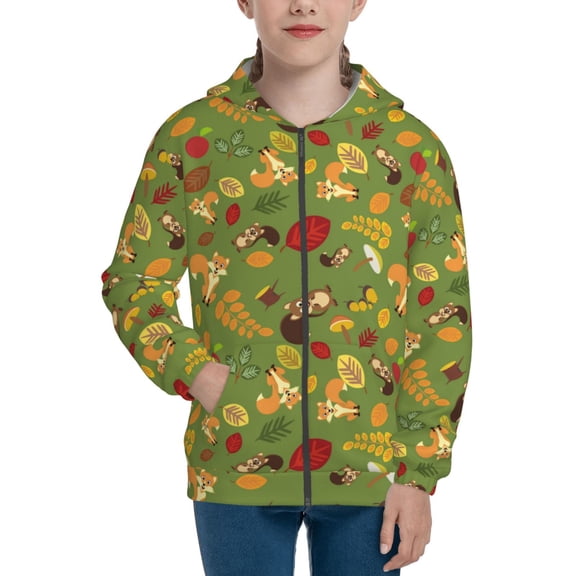 Xecao Squirrel And Fox In The Forest Pattern Zip Up Hoodies for Boys Girls, Sweatshirt with Pockets-