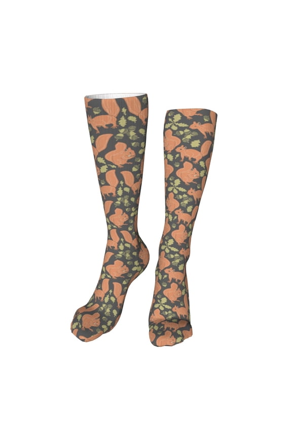 Squirrel And Nuts Print Calf Socks Seamless Toe, Knee High Long Socks, Sports Socks Trouser Socks for Women and Men-One Size