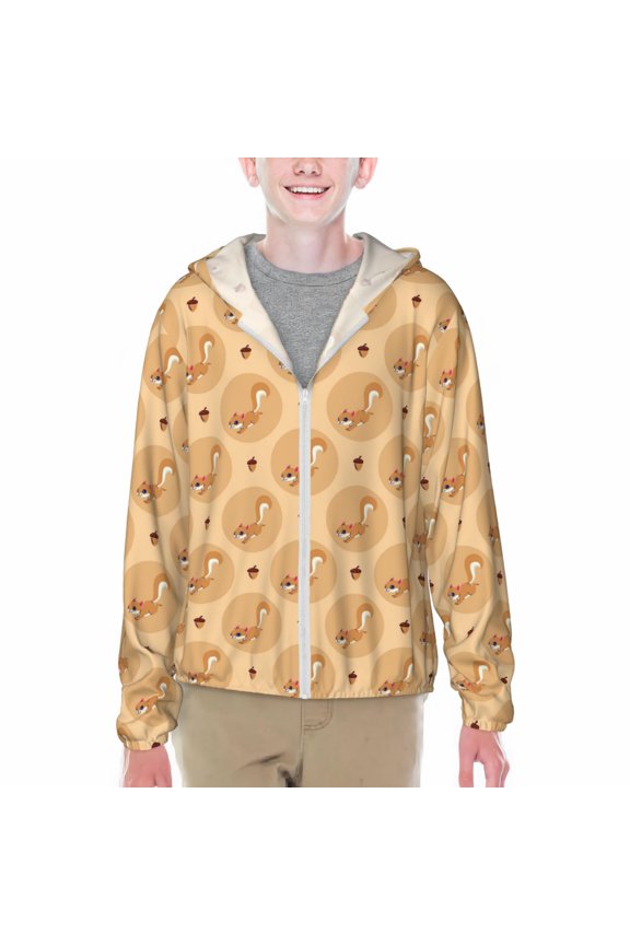 Squirrel And Nuts Print Fishing Shirts for teenager Long Sleeve UV Sun Protection Hoodie with Zipper Outdoor Hiking Shirts-Small