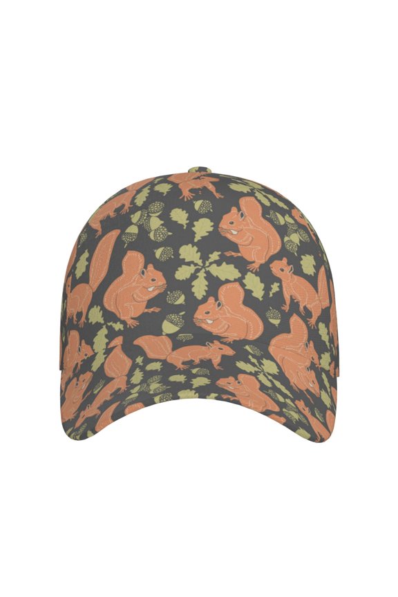 Squirrel And Nuts for Baseball Cap: Unisex, crafted from classic polyester twill fabric, featuring a soft unconstructed design
