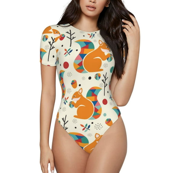 The Xecao Squirrel With Colorful Tail Women's Crew Neck Body Suit, a short-sleeved bodysuit and basic swimsuit, both comfort and style for dating and daily life