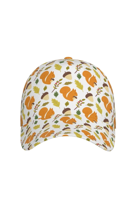 Squirrel Eating Nuts for Baseball Cap: Unisex, crafted from classic polyester twill fabric, featuring a soft unconstructed design