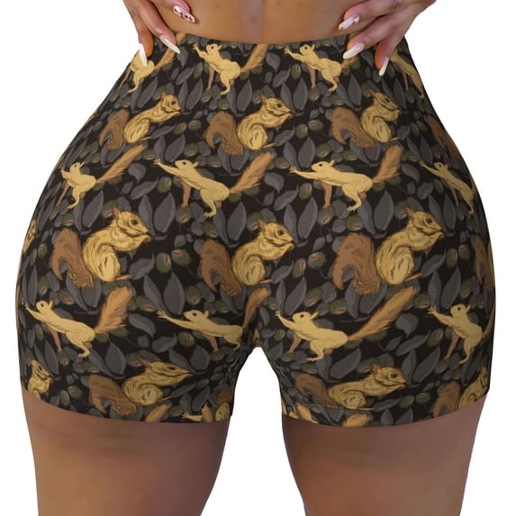 Xecao Squirrel Gathering Nuts Print Workout Shorts for Women Soft Smooth Gym Yoga Scrunch Active Tennis Workout Running Shorts