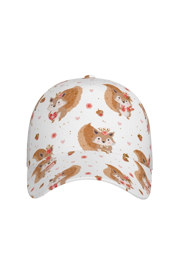 Squirrel Giving A Gift for Baseball Cap: Unisex, crafted from classic polyester twill fabric, featuring a soft unconstructed design