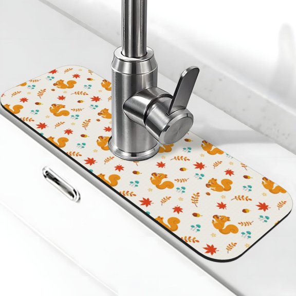 Xecao Squirrel Maple Leaves And Nuts for Kitchen Sink Splash Guard Faucet Mat , Faucet Guard & Draining mat, (15" X 5.5" )