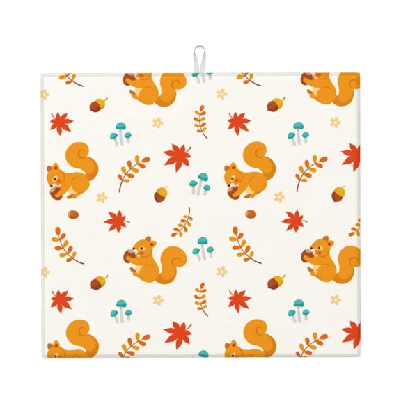 Xecao Squirrel Maple Leaves And Nuts Print Dish Drying Mat for Kitchen Counter,Absorbent Coffee Bar Mat, Dish Drainer Rack Mats,Dining Room Decoration