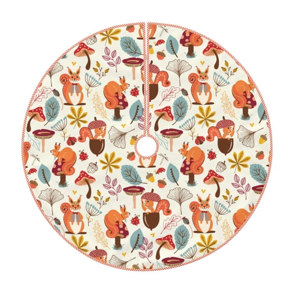 Xecao Squirrel Nuts Mushroom Pattern Christmas Tree Skirt Round Xmas Tree Mat Base Cover for Holiday Home Decorations-30"