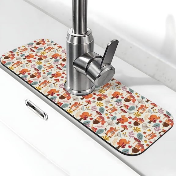 Xecao Squirrel Nuts Mushroom for Kitchen Sink Splash Guard Faucet Mat , Faucet Guard & Draining mat, (15" X 5.5" )