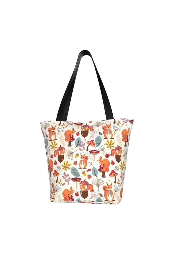 Squirrel Nuts Mushroom for Tote Bag for Women -Tote Shoulder Bag with A Little Pocket Inside, Perfect for Travel and Work.