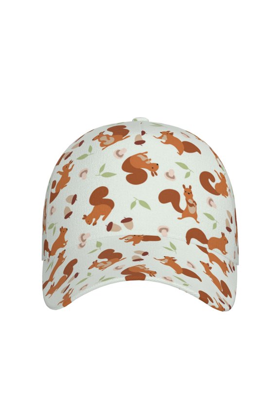 Squirrel Playing for Baseball Cap: Unisex, crafted from classic polyester twill fabric, featuring a soft unconstructed design