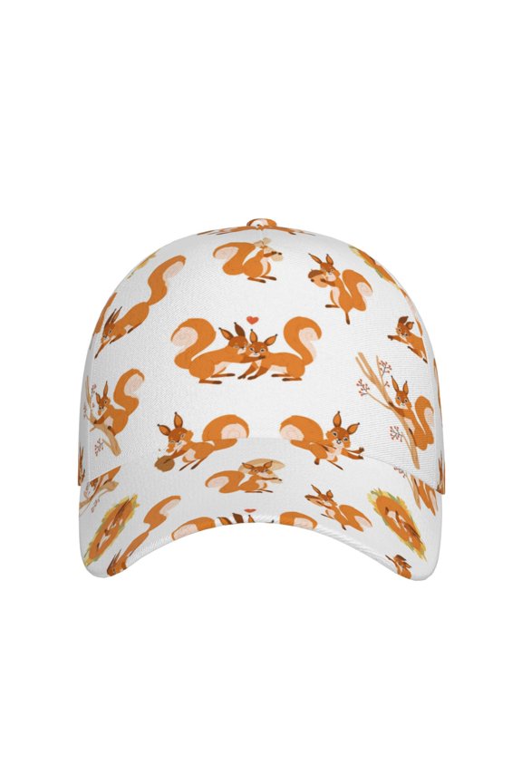Squirrel Playing for Baseball Cap: Unisex, crafted from classic polyester twill fabric, featuring a soft unconstructed design