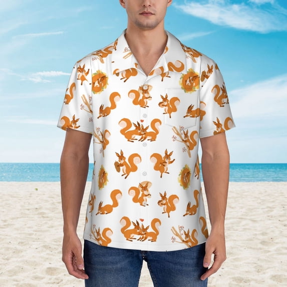 Xecao Squirrel Playing print Hawaiian shirt - a stylish short-sleeve button-down for men, perfect for casual beach and tropical outings.