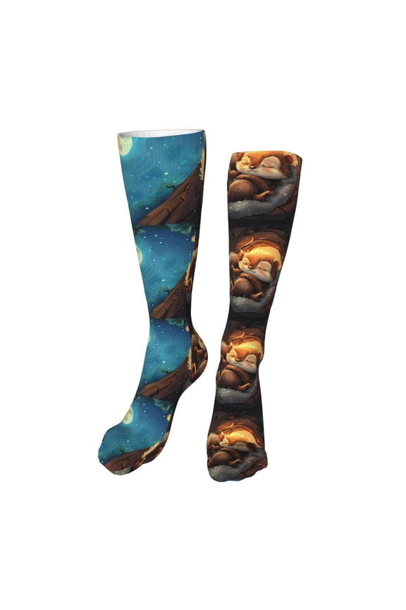 Squirrel Sleeping In Tree Print Calf Socks Seamless Toe, Knee High Long Socks, Sports Socks Trouser Socks for Women and Men-One Size