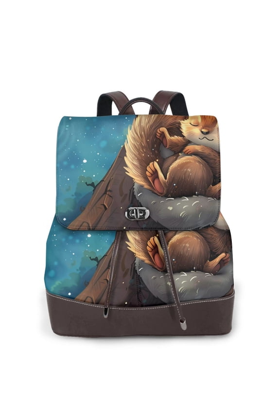 Squirrel Sleeping In Tree Print Large Backpack Soft Leather for Women Travel with Compartment, Adjustable Convertible Strap
