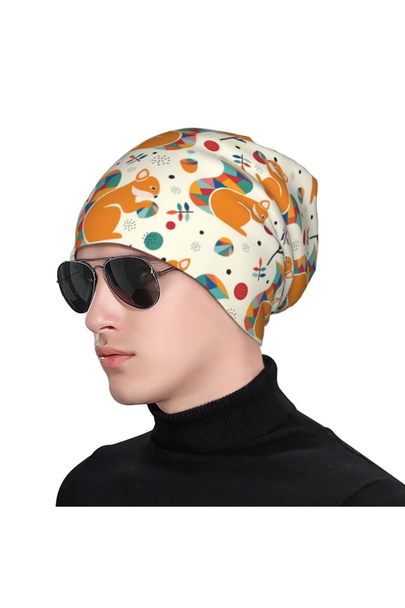 Squirrel With Colorful Tail Print Beanie Knitted Hat for Men Women, Winter Fashion Knit Cuffed Caps Unisex