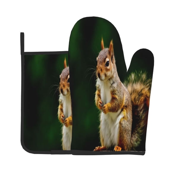 Xecao Squirrels Eating Peanuts On The Tree Pattern Oven Mitts and Pot Holders Sets Heat Resistant Silicone Oven Mittens Extra Thicken Long Kitchen Cotton Oven Glove for Cooking